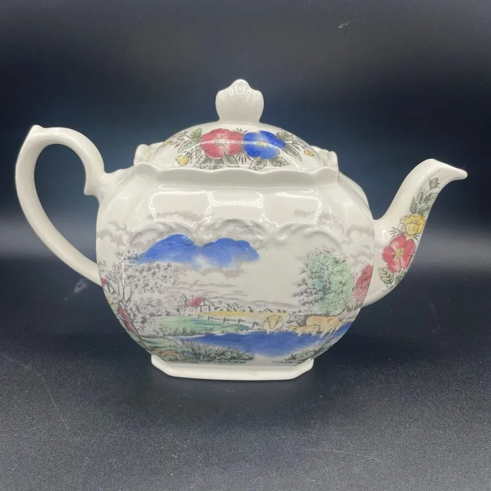Vintage James Sadler Square Cube Teapot English Country Cottage Garden Scene